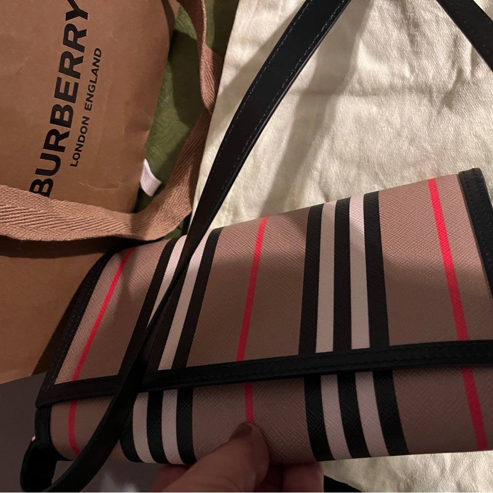 Burberry Crossbody Bag in Tan, Black, and Red Stripes like new - Picture 3 of 6